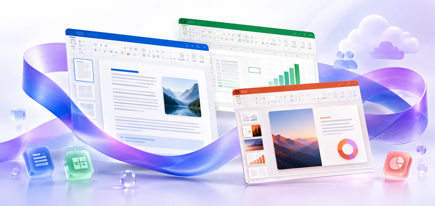 Ilustración promocional de Microsoft 365 con las interfaces de Word, Excel y PowerPoint