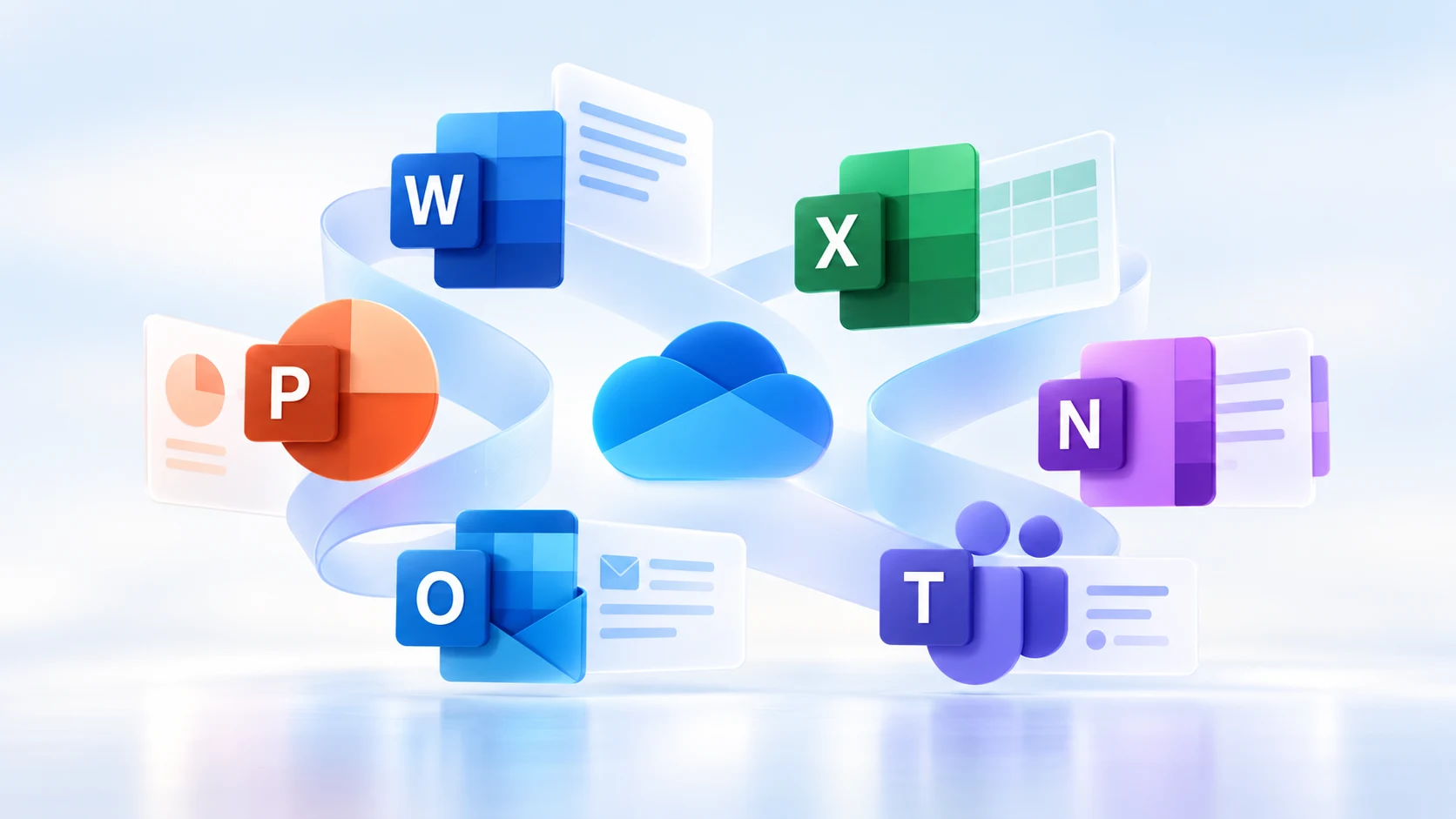 Una composición moderna de las aplicaciones de Microsoft 365: Word, Excel, PowerPoint, Outlook, OneNote, Teams y OneDrive.