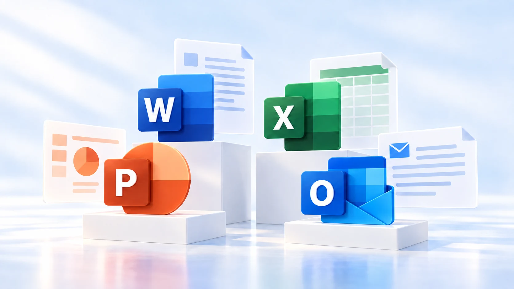 Composición moderna de las aplicaciones de Microsoft Office 2010: Word, Excel, PowerPoint y Outlook.