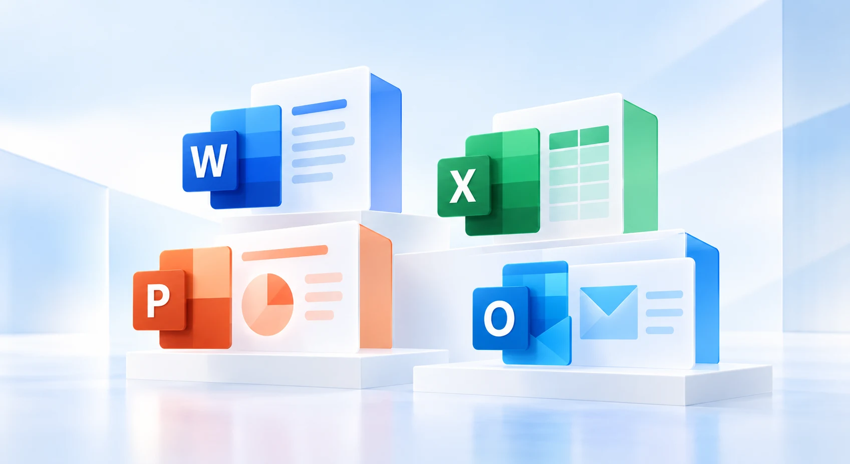 Composición moderna de las aplicaciones de Microsoft Office 2013: Word, Excel, PowerPoint y Outlook.