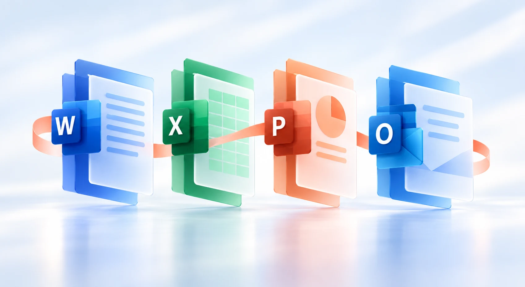 Composición moderna de las aplicaciones de Microsoft Office 2016: Word, Excel, PowerPoint y Outlook.