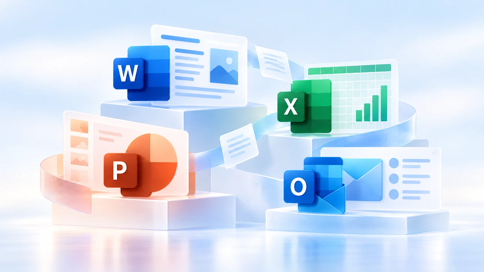 Composición moderna de las aplicaciones de Microsoft Office 2019: Word, Excel, PowerPoint y Outlook.