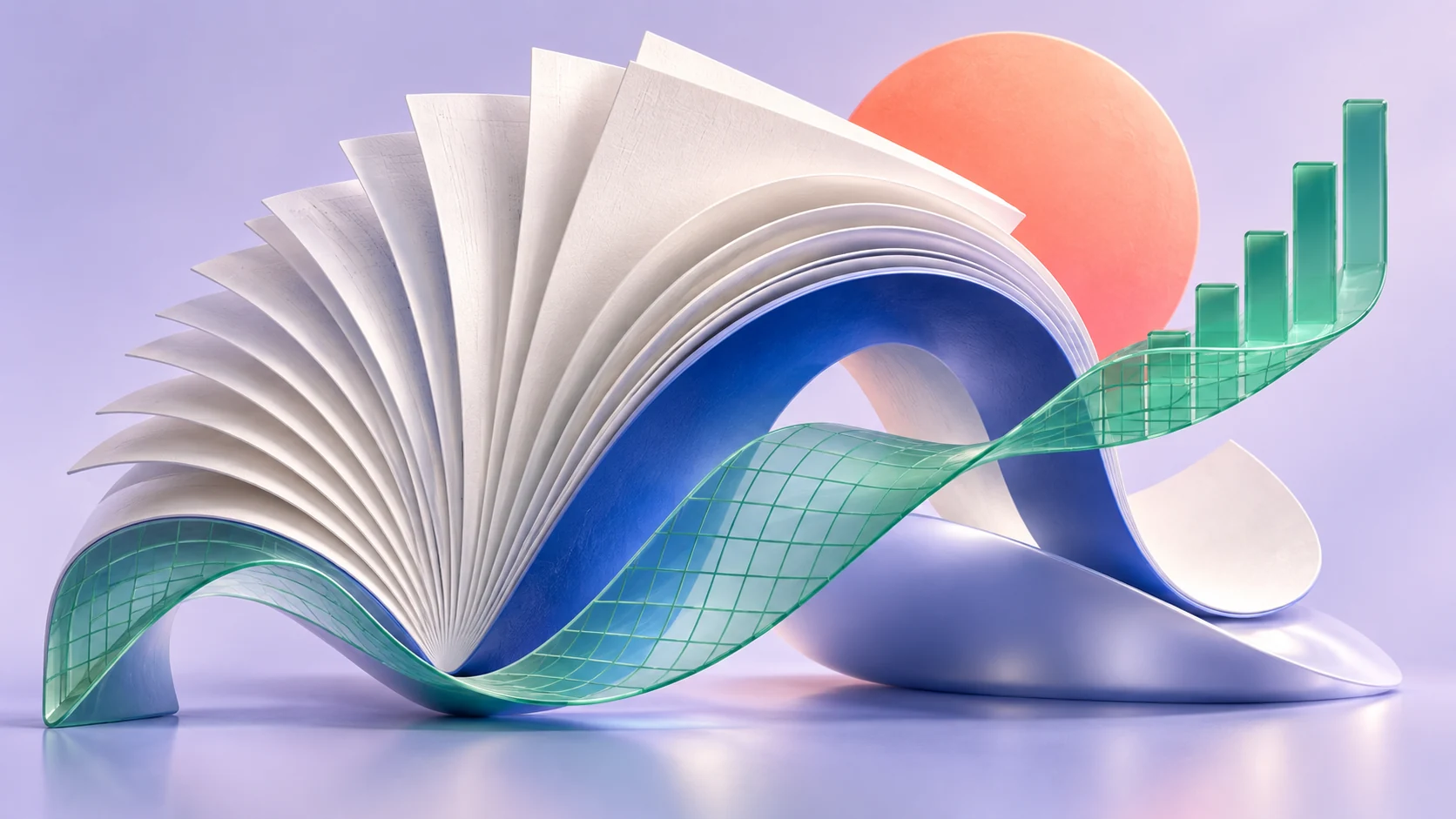 Composición artística de Office 2021: una ola de páginas de papel y una cuadrícula de datos transparente.