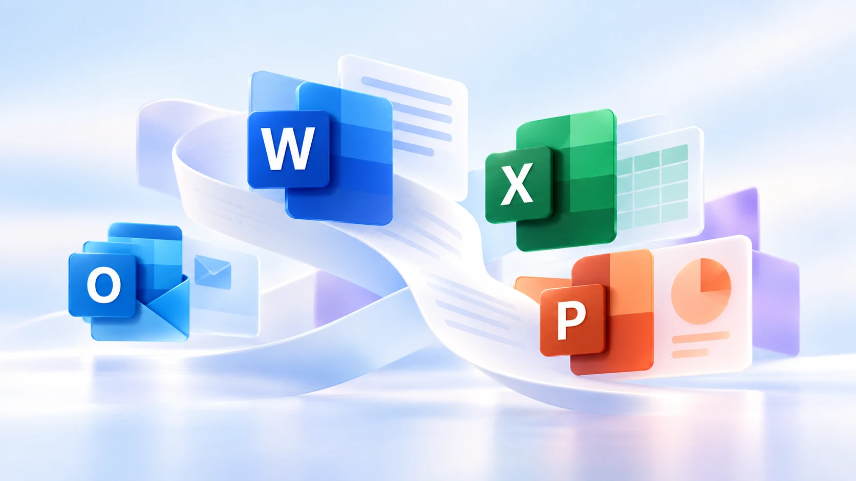 Composición moderna de las aplicaciones de Microsoft Office 2021: Word, Excel, PowerPoint y Outlook.