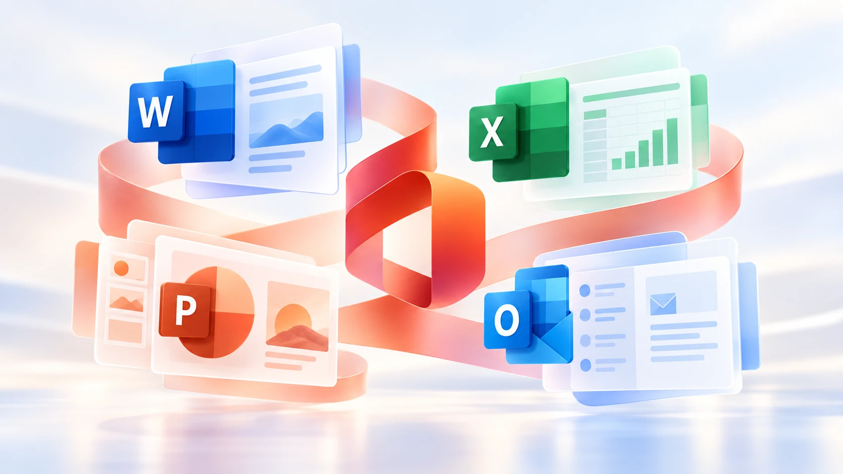 Composición moderna de las aplicaciones de Microsoft Office 2024: Word, Excel, PowerPoint y Outlook.